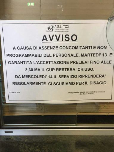 Troppe assenze del personale, oggi il Cup Asl di Alpignano è rimasto chiuso