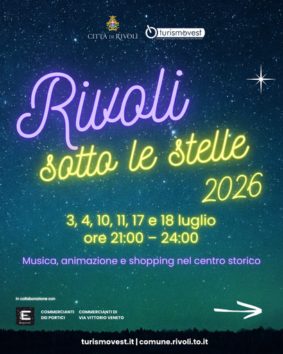 La locandina dell'edizione 2026 di 'Rivoli sotto le stelle' La locandina dell'edizione 2026 di 'Rivoli sotto le stelle'