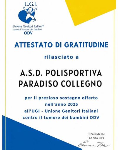 La Polisportiva Paradiso Collegno premiata per l'impegno a favore dei bambini malati di cancro