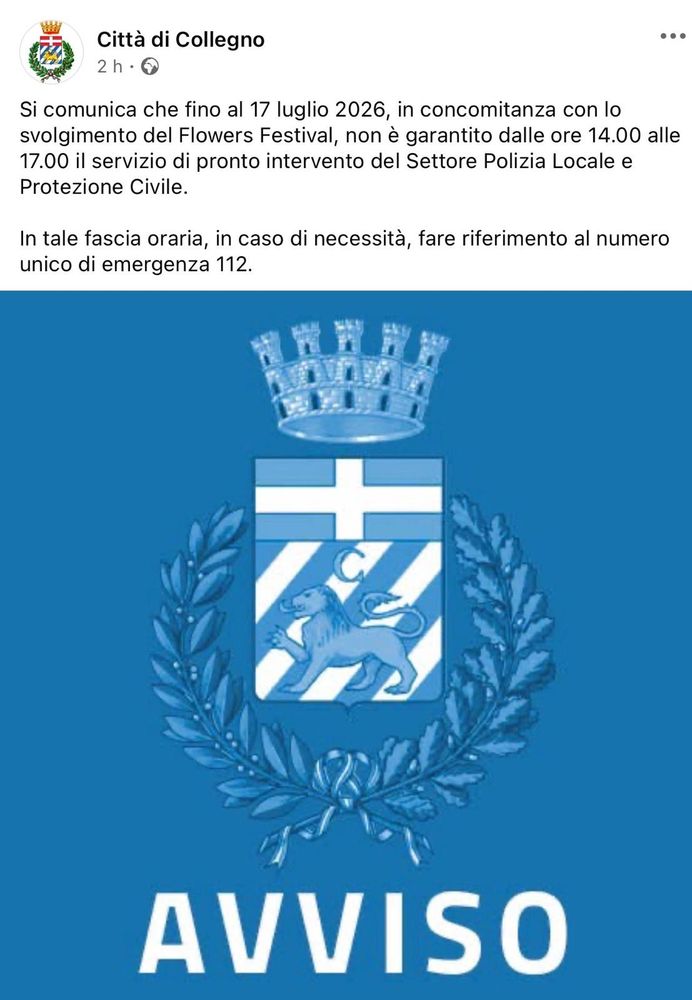 Fratelli d’Italia Collegno: "Inaccettabile sospensione del servizio di Polizia Locale e Protezione Civile per il Flowers Festival" Fratelli d’Italia Collegno: "Inaccettabile sospensione del servizio di Polizia Locale e Protezione Civile per il Flowers Festival"