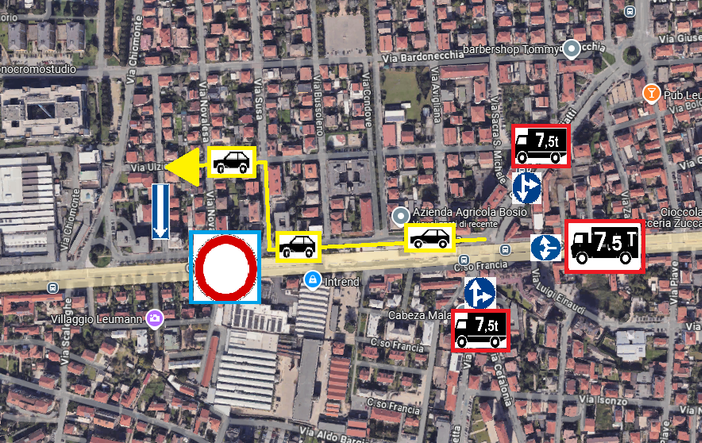 La piantina con le modifiche alla viabilità lungo Corso Francia La piantina con le modifiche alla viabilità lungo Corso Francia