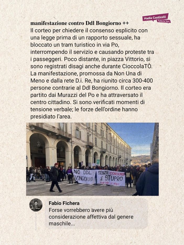 Corteo per la legge sul consenso, post di scherno del consigliere di FdI. Conticelli (Pd) all'attacco: "Si dimetta"
