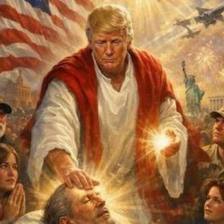 Luce divina e fedeli in preghiera, Trump come Gesù nell'immagine Ai postata su Truth