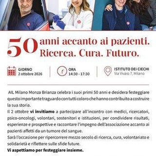 Ail Milano Monza Brianza compie 50 anni, 'accanto ai pazienti e alla ricerca'